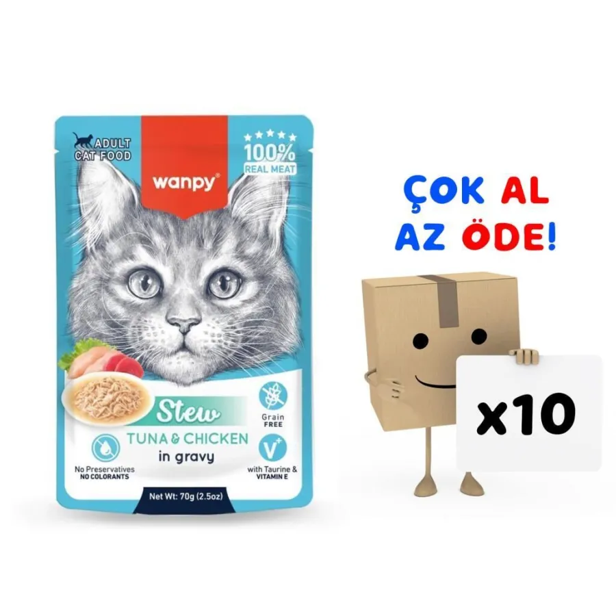Wanpy Stew Pouch Ton Balıklı Tavuklu Yaş Kedi Maması 70g 10'lu Paket
