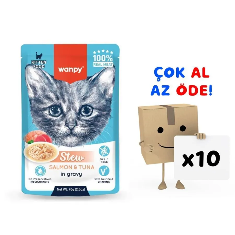 Wanpy Stew Pouch Ton Balıklı Somonlu Yaş Kedi Maması 70g 10'lu Paket
