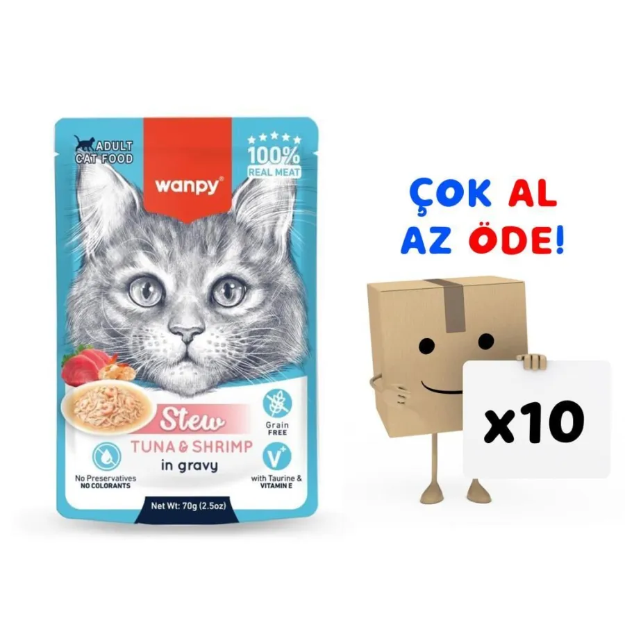 Wanpy Stew Pouch Ton Balıklı Karidesli Yaş Kedi Maması 70g 10'lu Paket