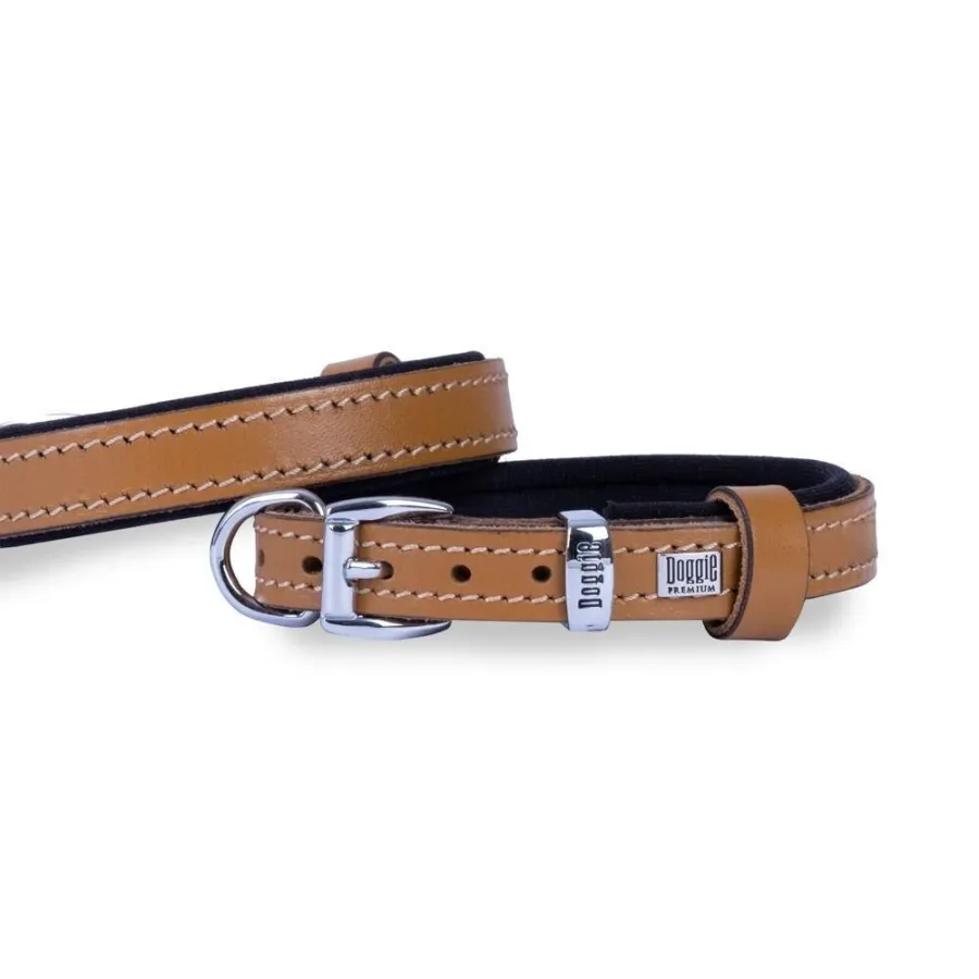 Doggie Konforlu Gerçek Deriden El Yapımı Köpek Boyun Tasması 1,5x25-30cm - Açık Kahve