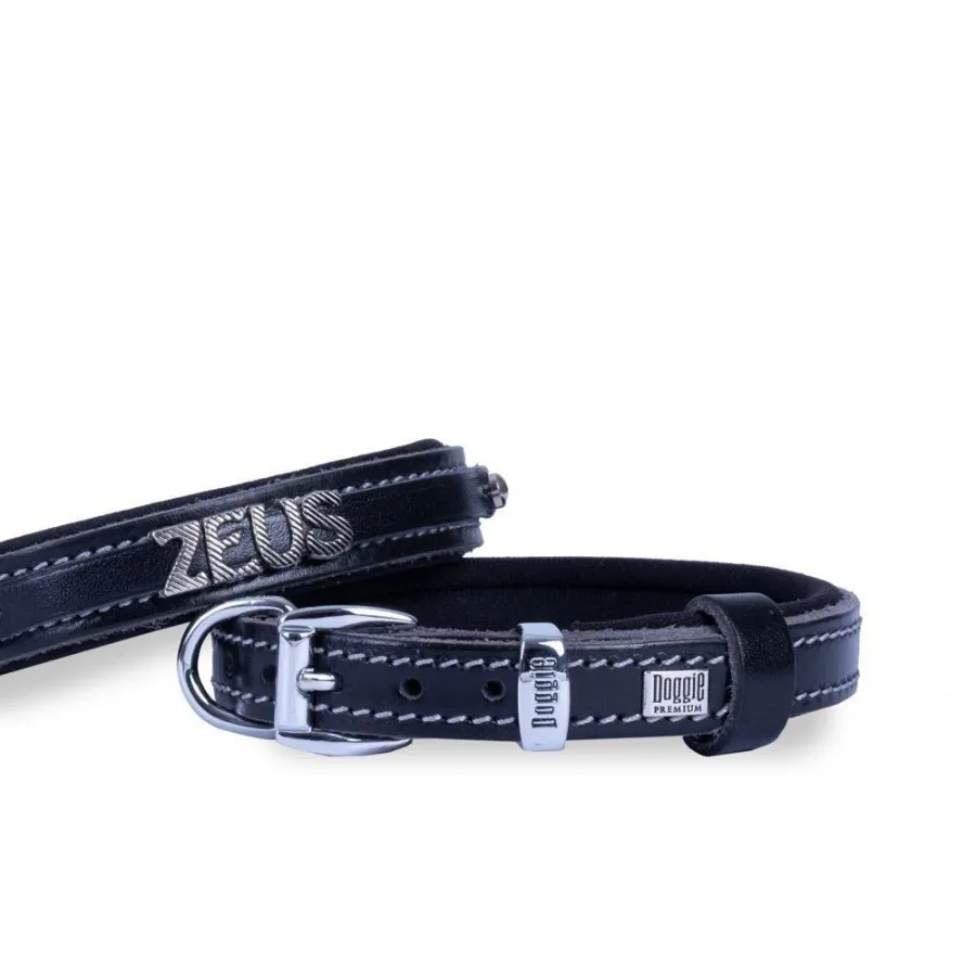 Doggie Konforlu Gerçek Deriden El Yapımı İsimlikli Köpek Boyun Tasması 1,5x25-30cm - Siyah