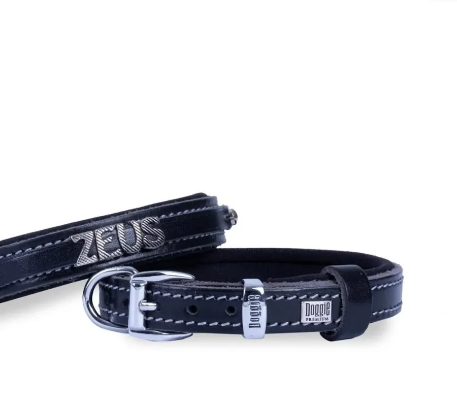 Doggie Konforlu Gerçek Deriden El Yapımı İsimlikli Köpek Boyun Tasması 1,5x20-25cm - Siyah