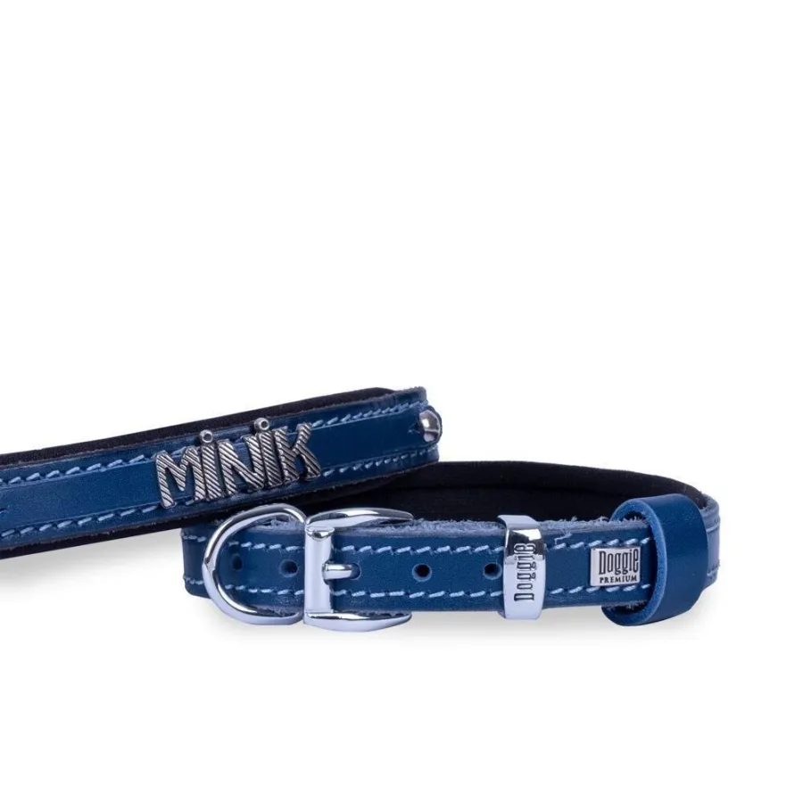 Doggie Konforlu Gerçek Deriden El Yapımı İsimlikli Köpek Boyun Tasması 2x30-35cm - Royal Mavi