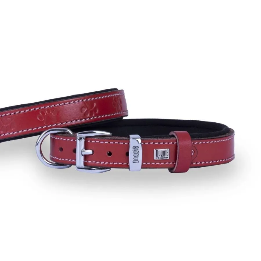 Doggie Konforlu Gerçek Deriden El Yapımı Pati Desenli Köpek Boyun Tasması 2x30-35cm - Kırmızı