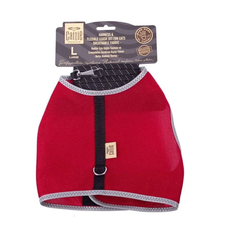 Cattie Havalı Dokuma Kedi Göğüs & Gezdirme Takımı Kırmızı 1,5X30-40Cm