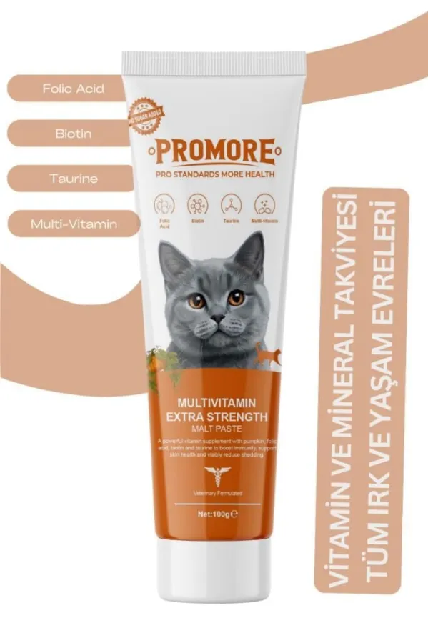 Promore Multivitamin Extra Strength Malt Paste – Güçlendirilmiş Multivitamin Destekli Kedi Malt Macunu 100gr