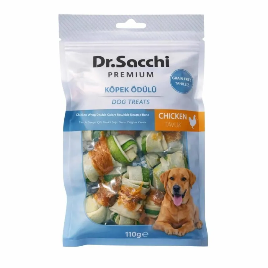 Dr.Sacchi Tavuk Sargılı Çift Renkli Düğüm Kemik Köpek Ödülü 110 Gr