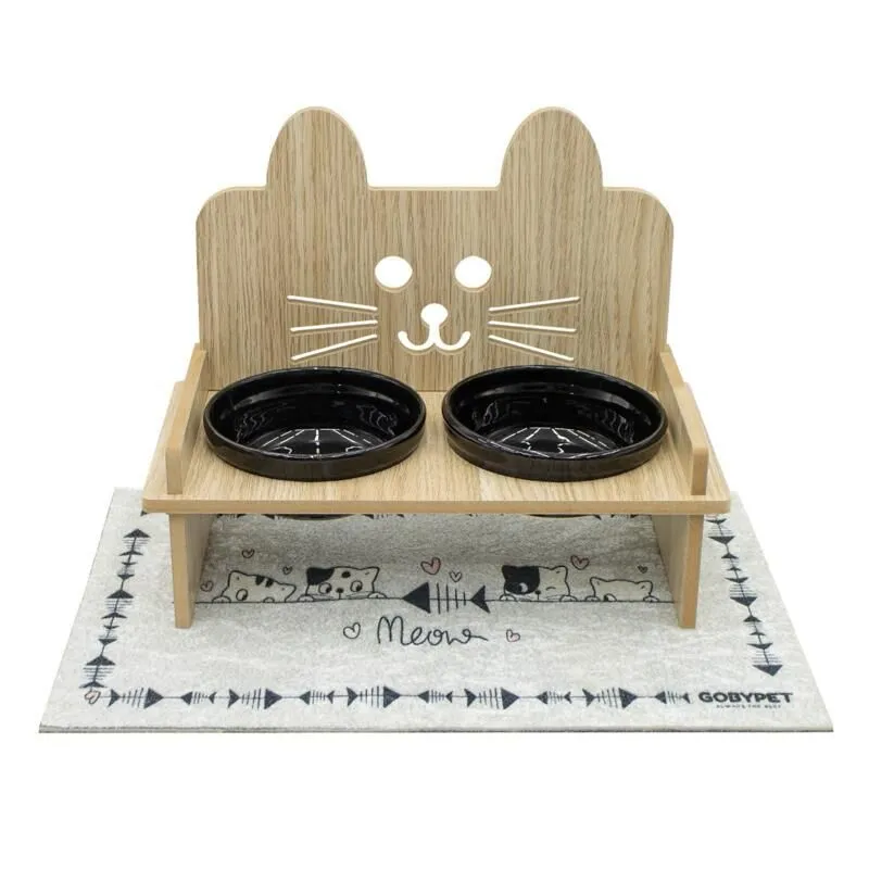Ahşaplı Kulaklı Seramik Kedi Mama Ve Su Kabı (Paspas Hediyeli)