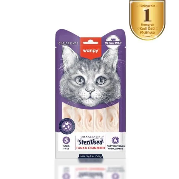 Wanpy Ton Balıklı -Kızılcıklı  Kısırlaştırılmış Kedi Krema Ödülü 5×14 Gr
