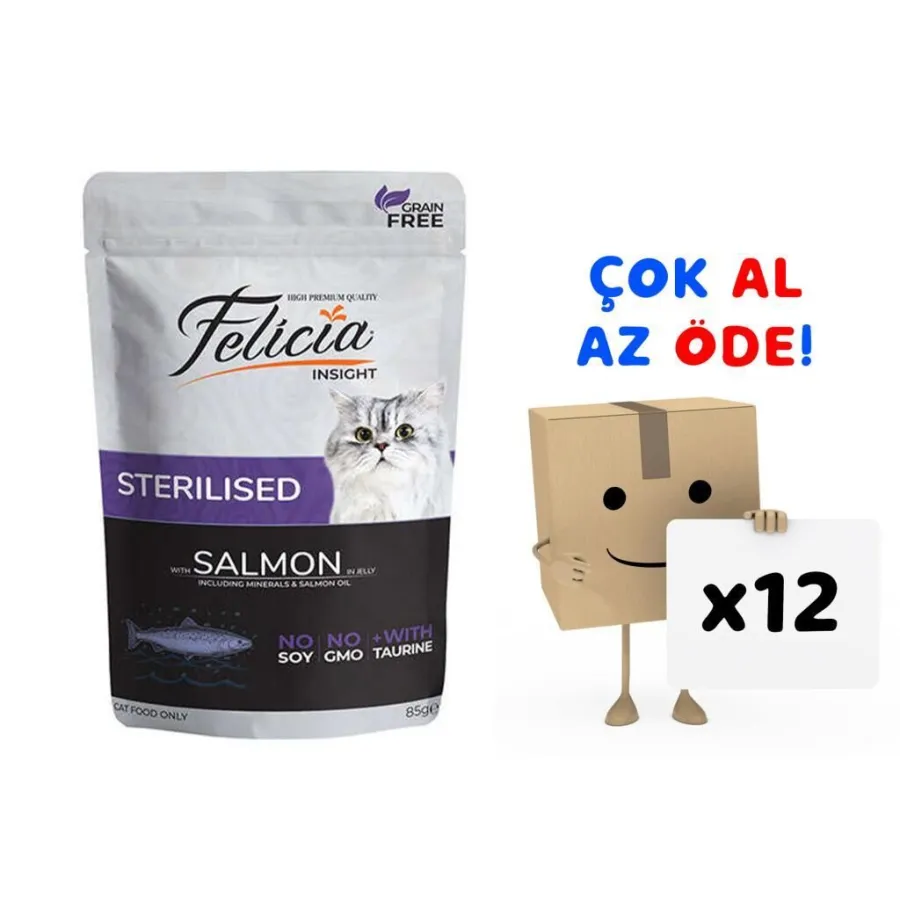 Felicia Tahılsız Sterilised Kısırlaştırılmış Somonlu Yaş Kedi Maması 85 gr 12'li Paket