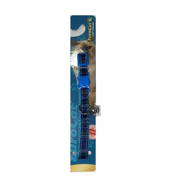 EuroCat Ekose Desenli Zilli Kedi Boyun Tasması 28cm (Koyu Mavi)