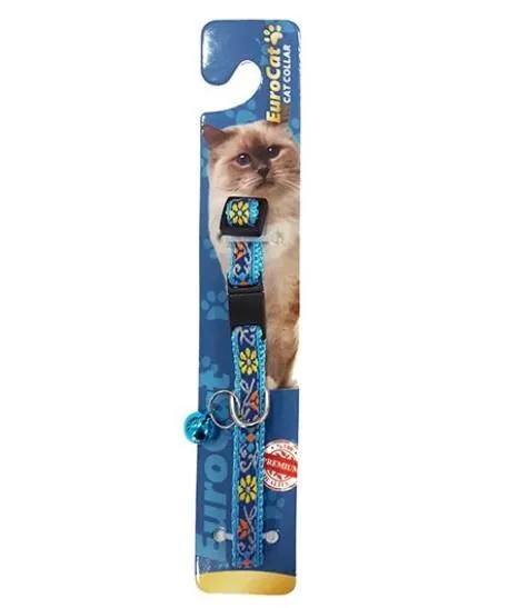 EuroCat Çiçek Desenli Zilli Kedi Boyun Tasması 18cm-28cm (Mavi)