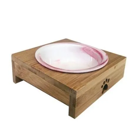 Carno Ahşap Kedi ve Küçük Irk Köpekler için Sehpalı Seramik Mama ve Su Kabı 12cm 200ml (Pembe) Kabı