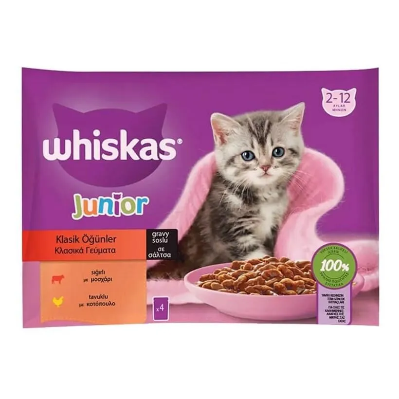 Whiskas Pouch Sos İçinde Sığırlı ve Tavuklu Yavru Kedi Konservesi 85gr (4'lü)