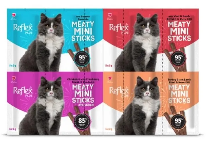 Reflex Plus Mini Mix Somonlu Kuzu Etli Biftekli Kisir Tavuk Kedi Ödülleri 20 x 2 Gr
