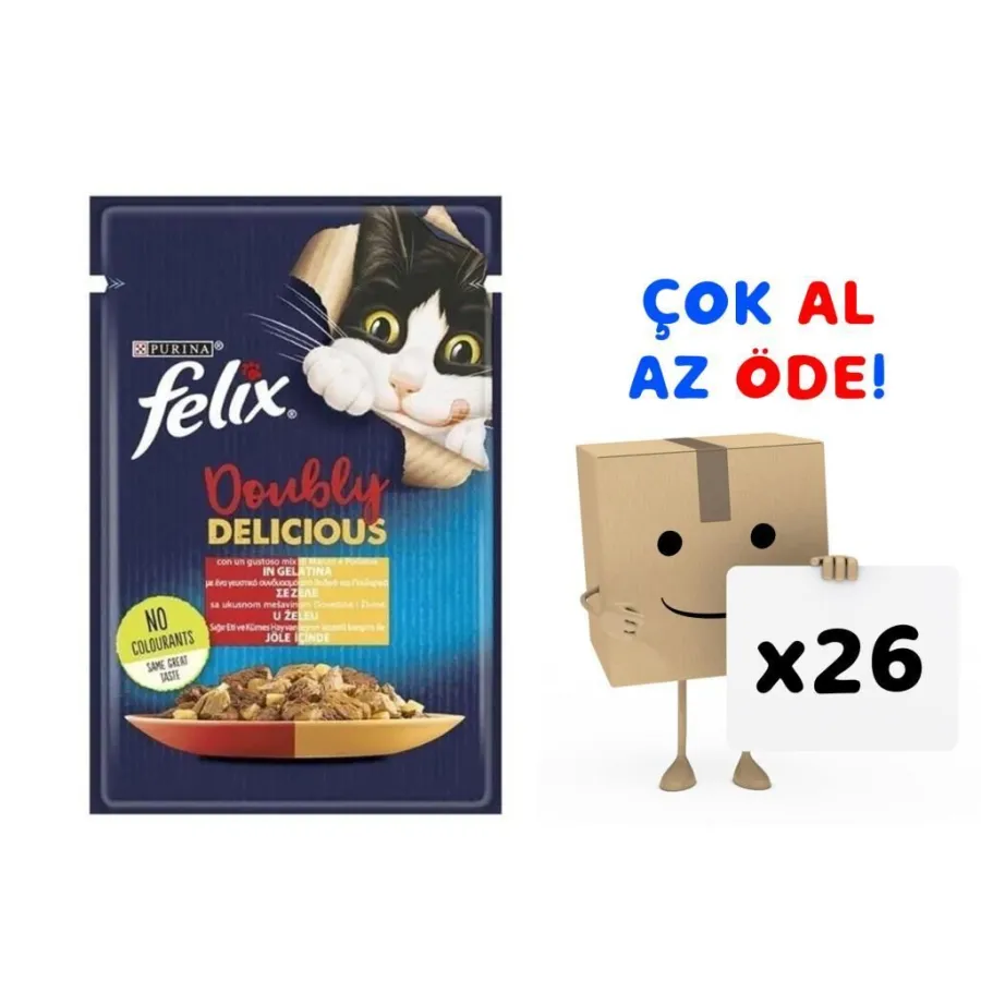 Felix Çifte Lezzet Tavuk ve Sığır Etli Yetişkin Kedi Konservesi 85gr 26'lı Paket