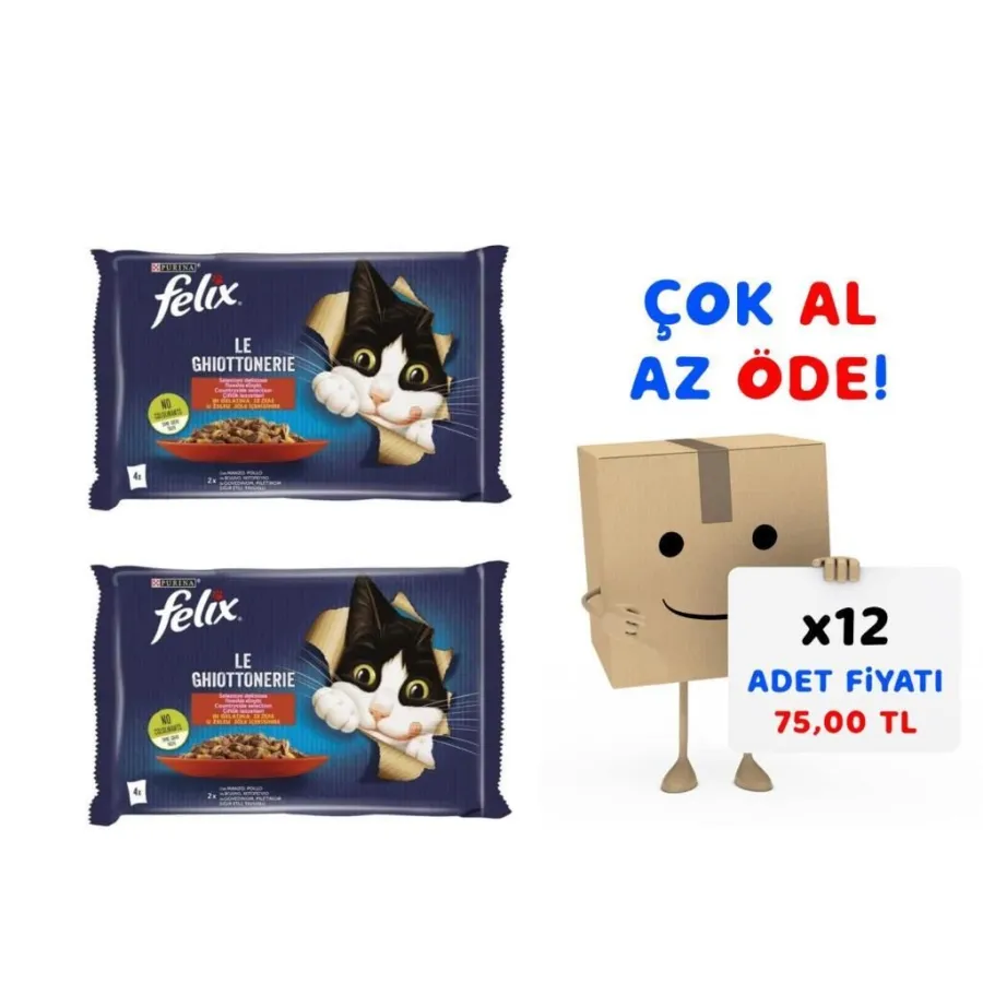 Felix Multipack Sığır ve Tavuk Etli Yetişkin Yaş Kedi Maması 4x85gr 12'li Paket