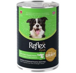 Reflex Plus Beyaz Balıklı ve Tatlı Patates Et Parçacıklı Soslu Köpek Konservesi 400 Gr