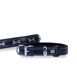 Doggie Konforlu Gerçek Deriden El Yapımı Kemik Süslü Köpek Boyun Tasması 2×35-40cm – Siyah