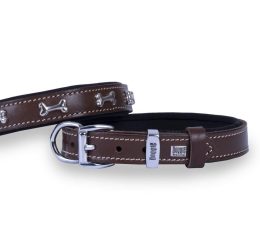 Doggie Konforlu Gerçek Deriden El Yapımı Kemik Süslü Köpek Boyun Tasması 2×30-35cm – Kahverengi