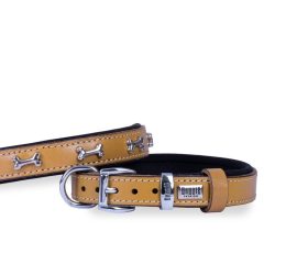 Doggie Konforlu Gerçek Deriden El Yapımı Kemik Süslü Köpek Boyun Tasması 2×30-35cm – Açık Kahve