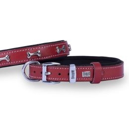 Doggie Konforlu Gerçek Deriden El Yapımı Kemik Süslü Köpek Boyun Tasması 2×30-35cm – Kırmızı