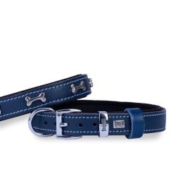 Doggie Konforlu Gerçek Deriden El Yapımı Kemik Süslü Köpek Boyun Tasması 2×30-35cm – Royal Mavi