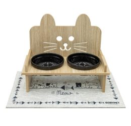 Ahşaplı Kulaklı Seramik Kedi Mama Ve Su Kabı (Paspas Hediyeli)